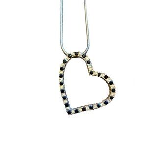Silver Tone Necklace with Heart Charm - Black Stones "Statement"